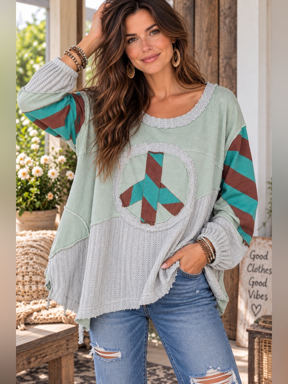 Blue Velvet S NWT Boho Peace Sign Patchwork Mixed Media Top A35